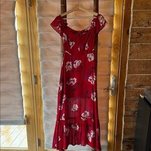 Reformation Red Floral Off-Shoulder Maxi Dress with White Blooms